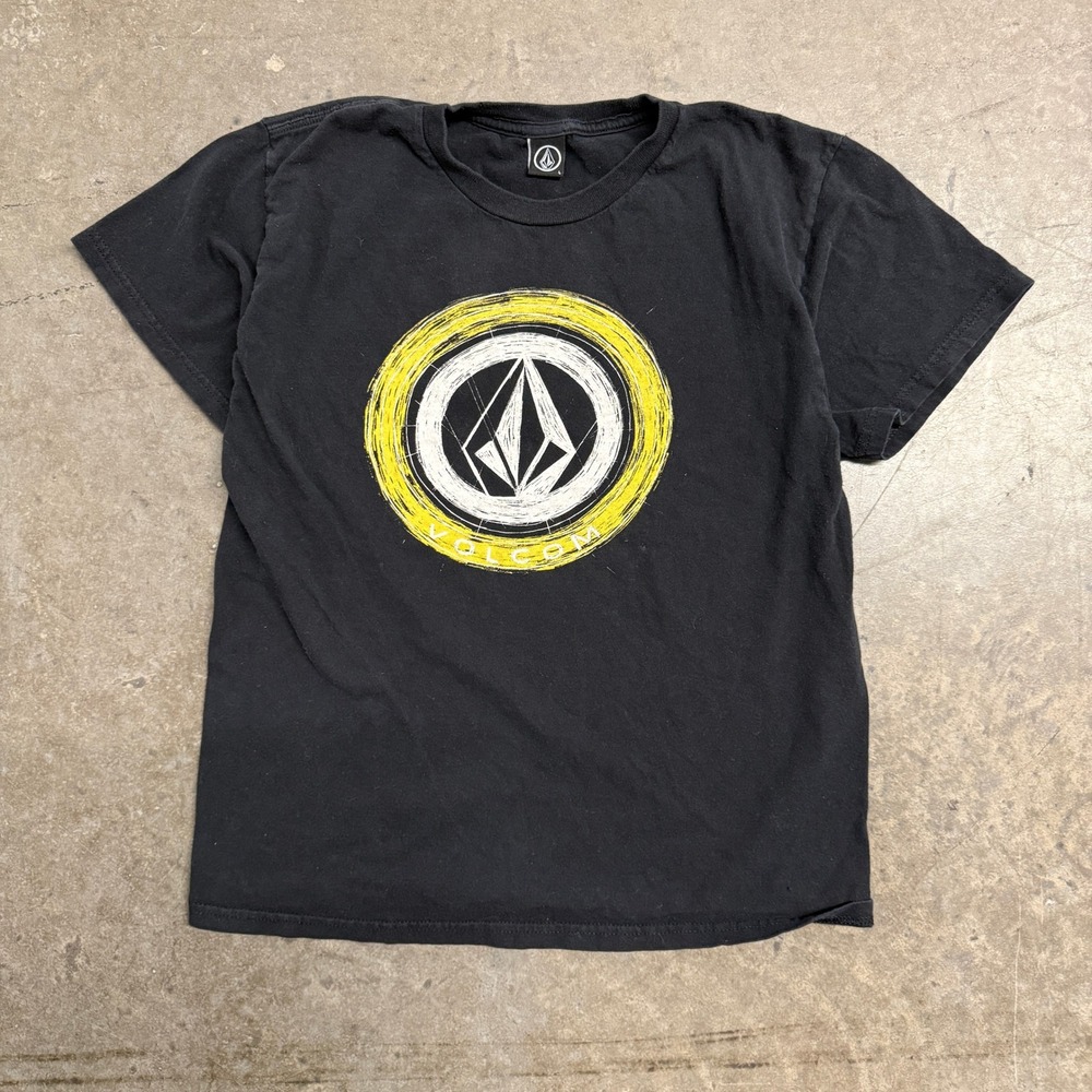 Volcom Stone Mens Large Black Graphic T-Shirt Yellow White Logo Skate Tee